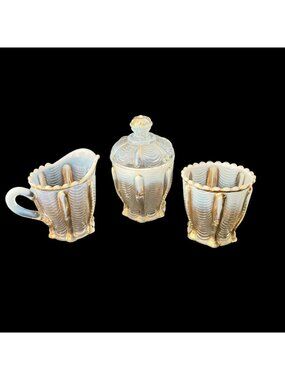 Northwood White Opalescent Drapery Table Set Sugar Creamer Spooner Circa 1900's